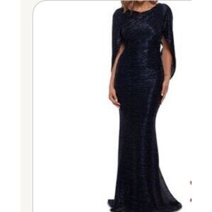 Betsy & Adam navy shimmer metallic formal gown Cape Sleeve mother of bride 18 W